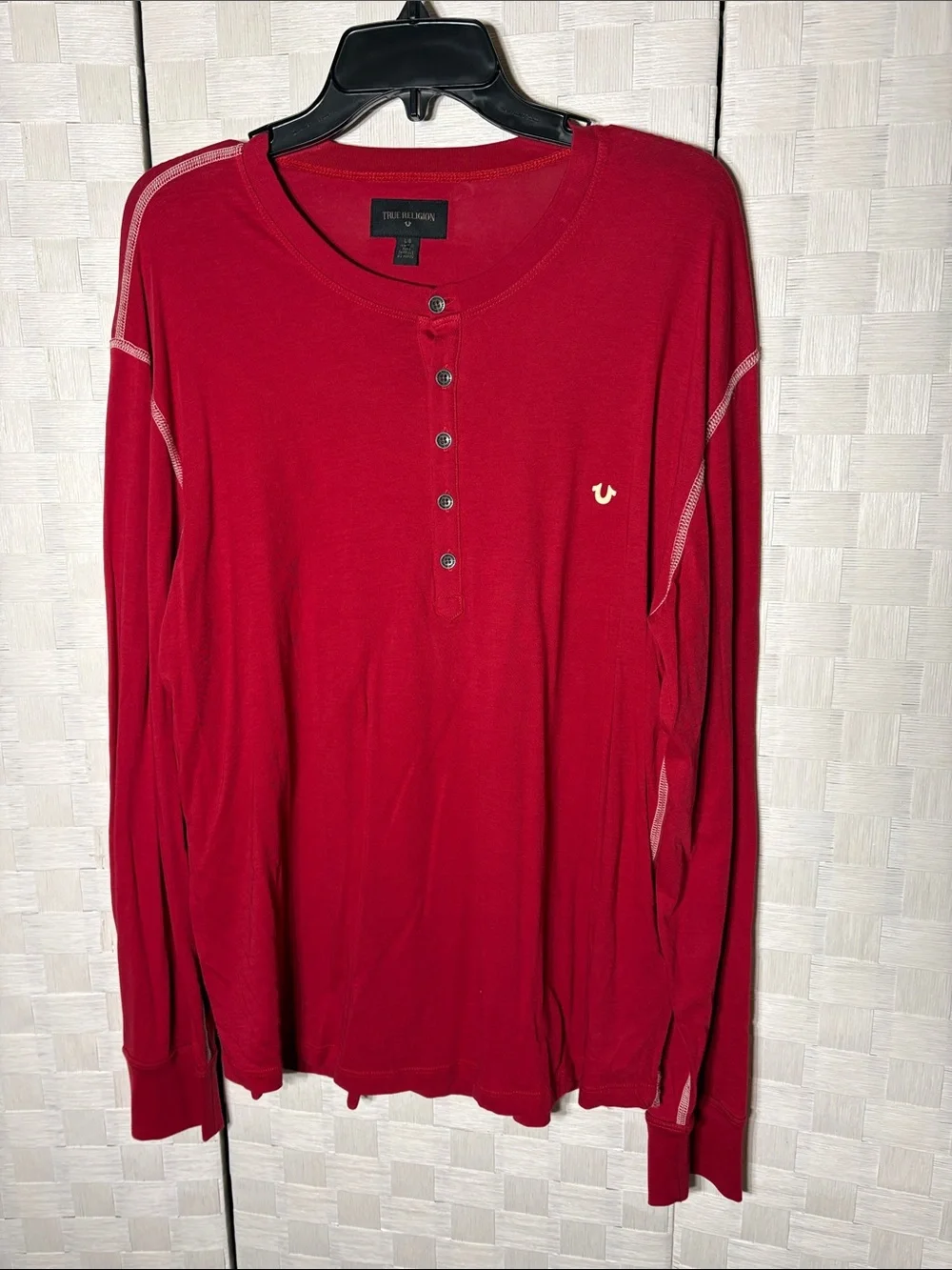 True Religion Red Men's Long Sleeve Henley Shirt